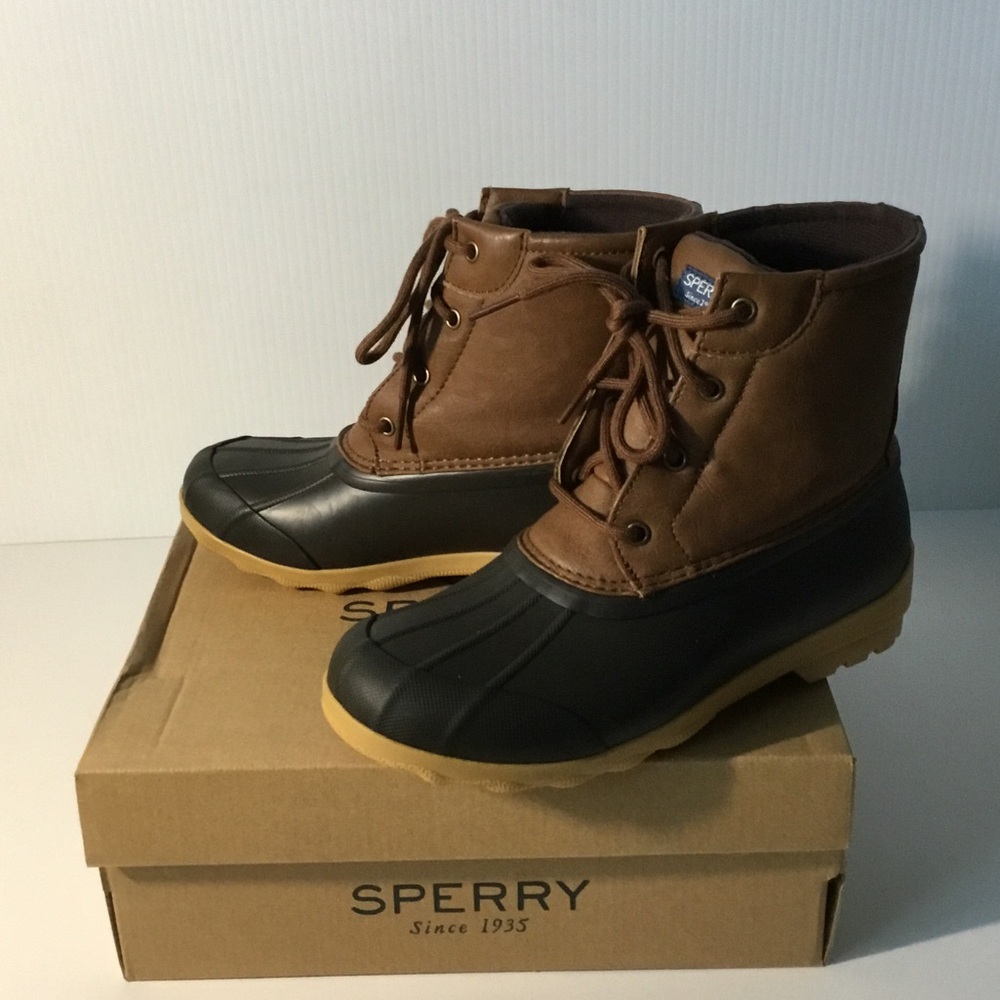 Sperry Brown Leather and Black Rubber Lace-Up Duck Boots